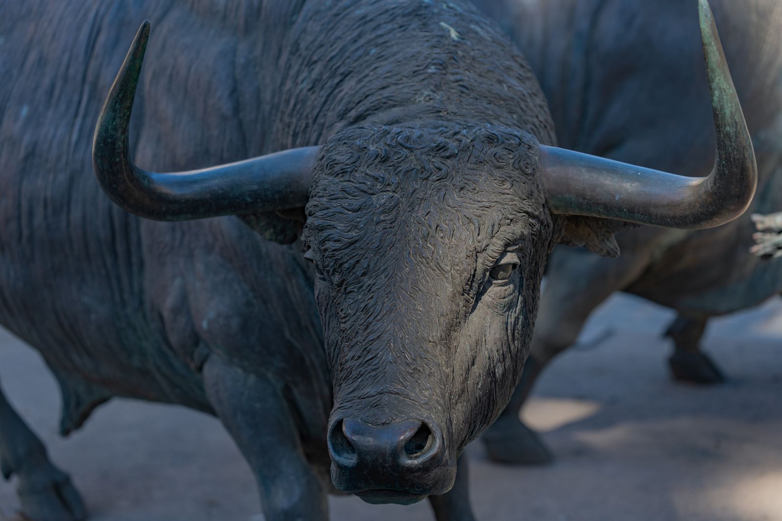 Close-up of a bronze bull statue's head and horns