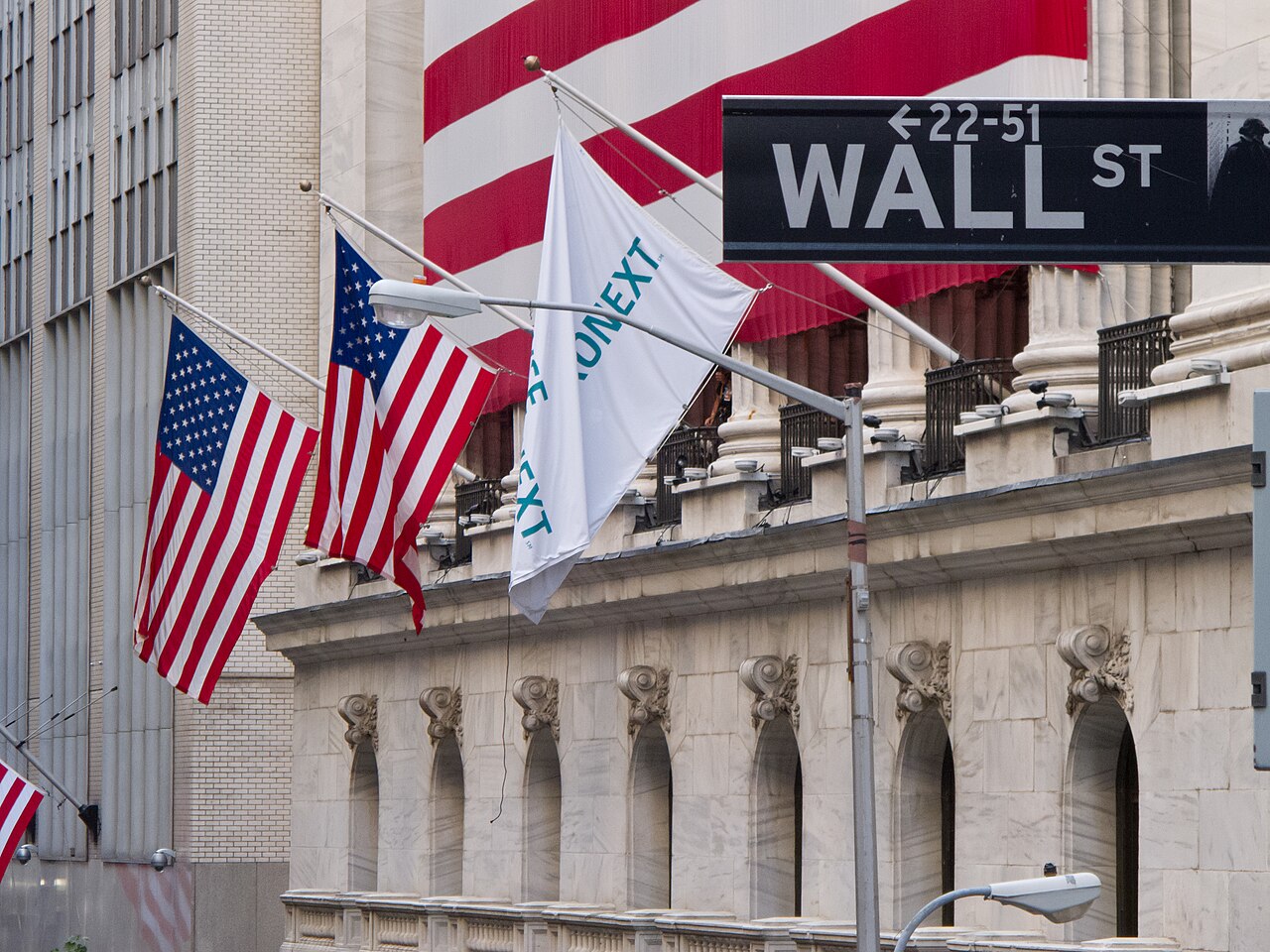 The New York Stock Exchange on Wall Street, flying American flags beside the Wall St sign