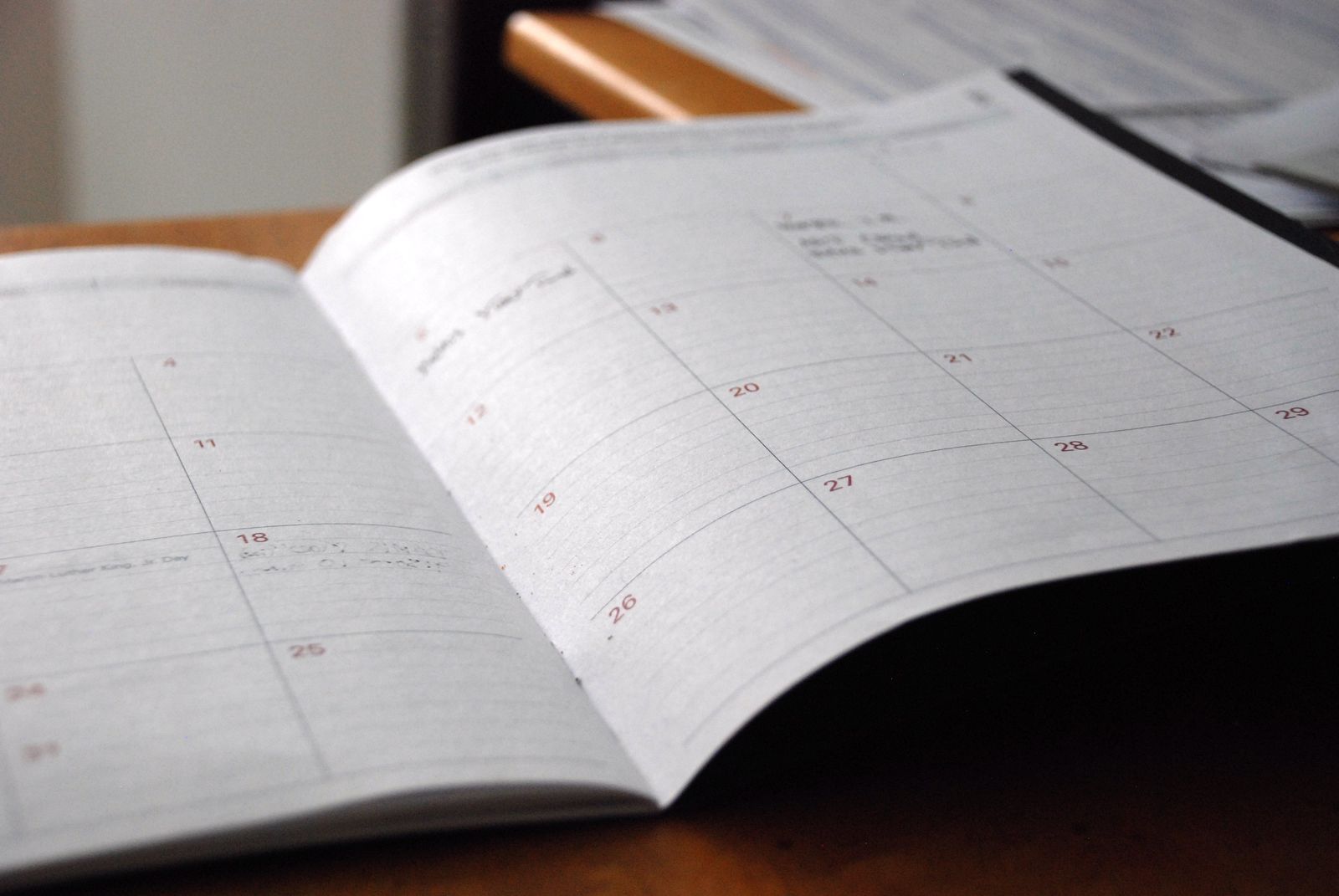 An open monthly planner showing a blank calendar grid