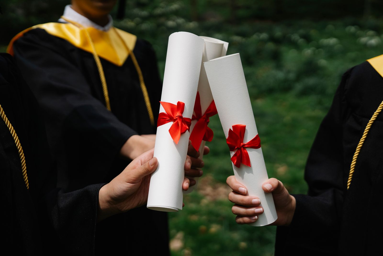 Two graduates in caps and gowns holding rolled diplomas tied with red ribbons